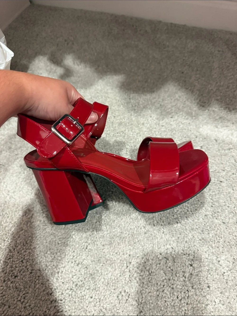 Soda Red Patent Platform Block Heel Sandals